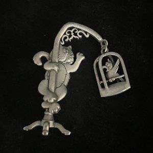 Vintage JJ Jonette Pewter-Tone "Cat & Bird in Cage" Brooch